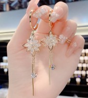 Cubic Zircon Flower Long Tassel Earrings